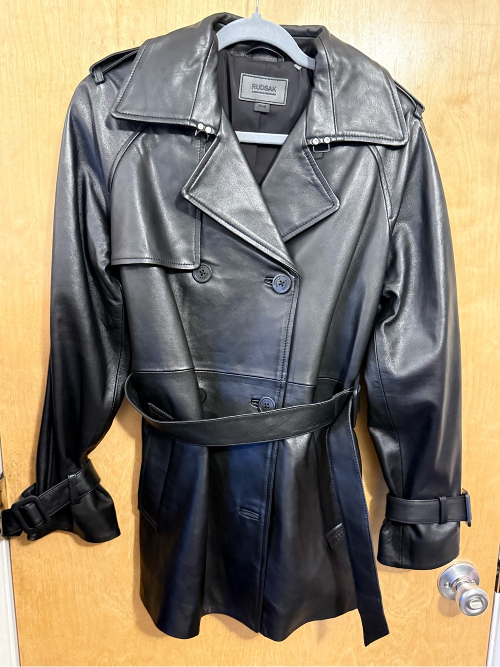 Rudsak Cassie M, Women's Black Leather mid length Trench Coat